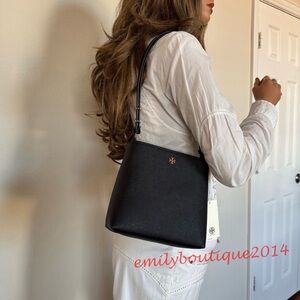 NWT Tory Burch 147938 Emerson Small Bucket Bag Crossbody Black Saffiano Leather